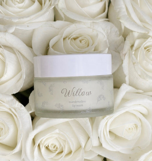 Jar of cream labeled 'Willow' surrounded by white roses
